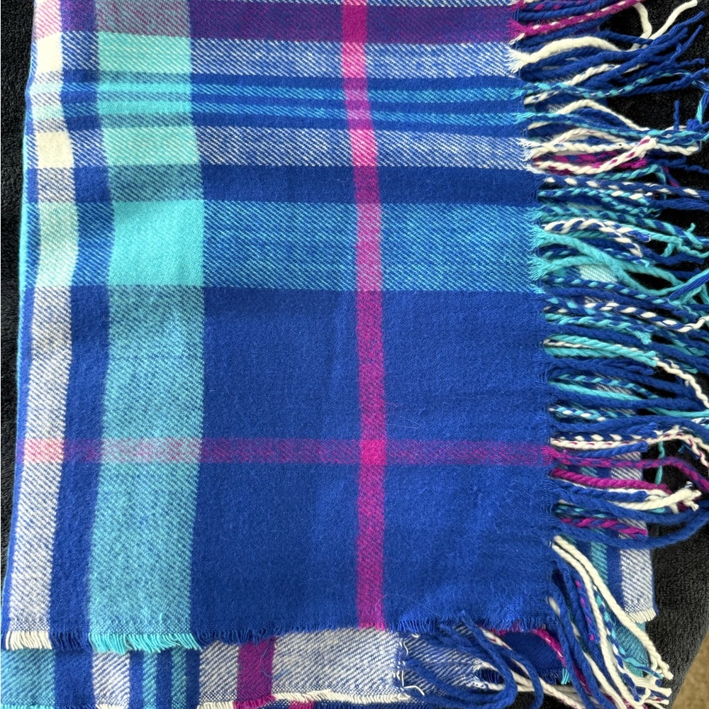 J. Crew Blue Plaid Scarf with Teal and Pink Accents